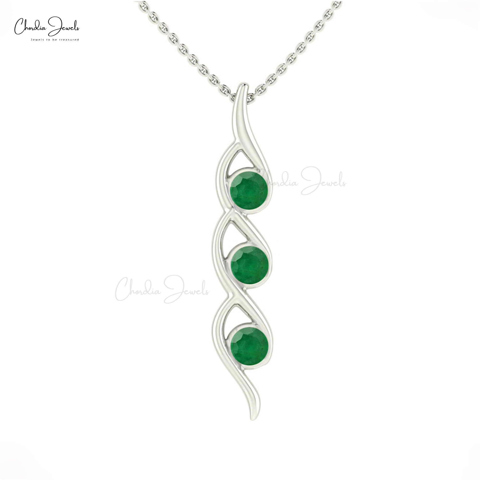 Three Stone Twisted Pendant In 14k Real Gold Zambian Emerald 0.69 Ct Gemstone Pendants