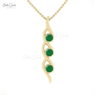 Three Stone Twisted Pendant In 14k Real Gold Zambian Emerald 0.69 Ct Gemstone Pendants