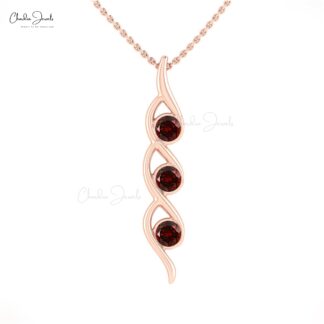 Trilogy Gemstone Pendant In 14k Real Gold Garnet 4mm Round Cut Twisted Necklace