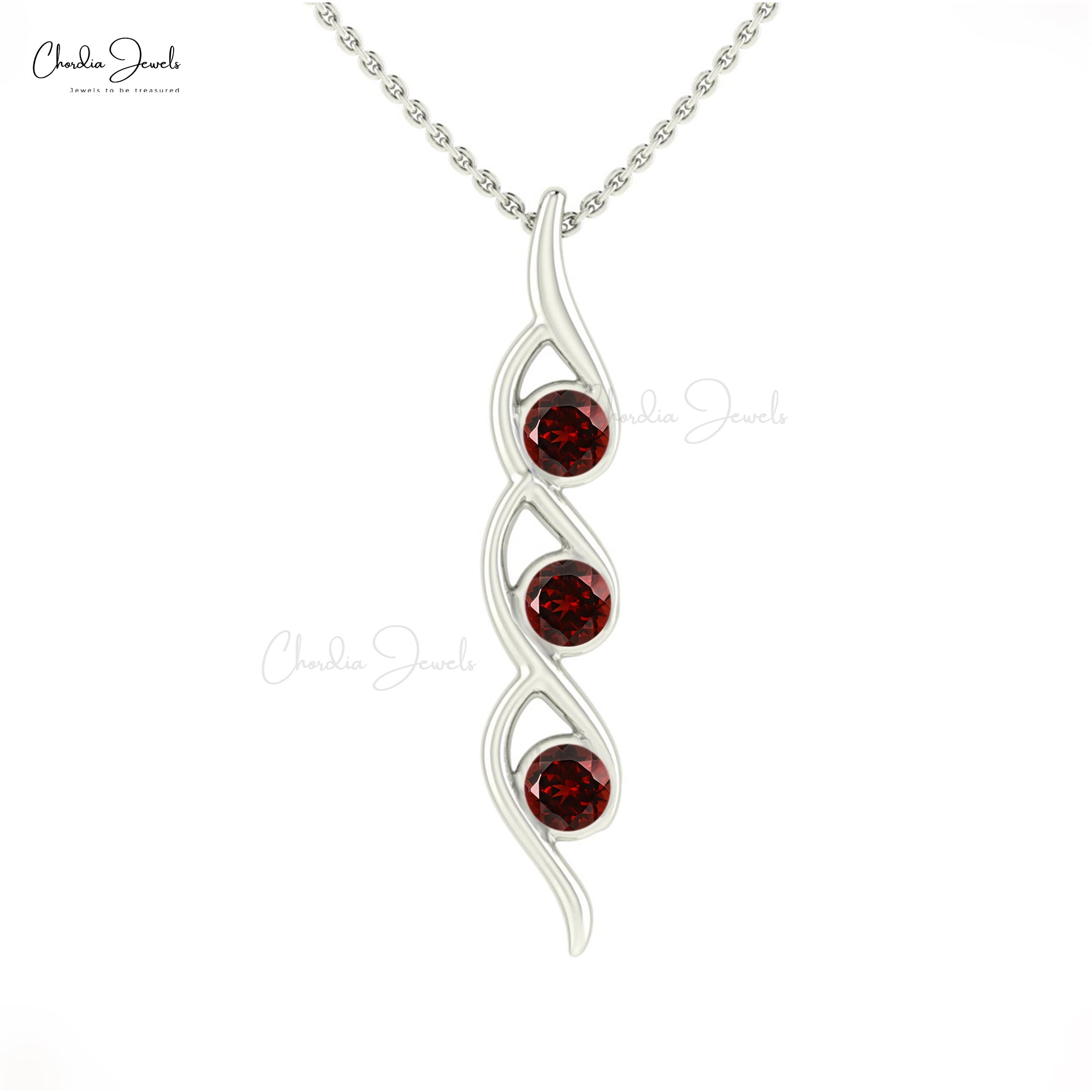Trilogy Gemstone Pendant In 14k Real Gold Garnet 4mm Round Cut Twisted Necklace
