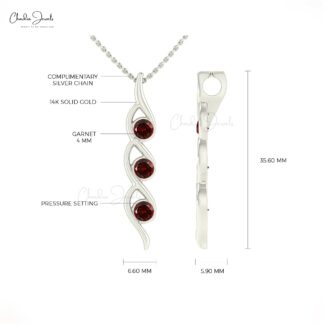 Trilogy Gemstone Pendant In 14k Real Gold Garnet 4mm Round Cut Twisted Necklace