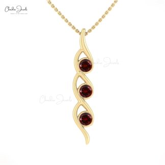 Trilogy Gemstone Pendant In 14k Real Gold Garnet 4mm Round Cut Twisted Necklace