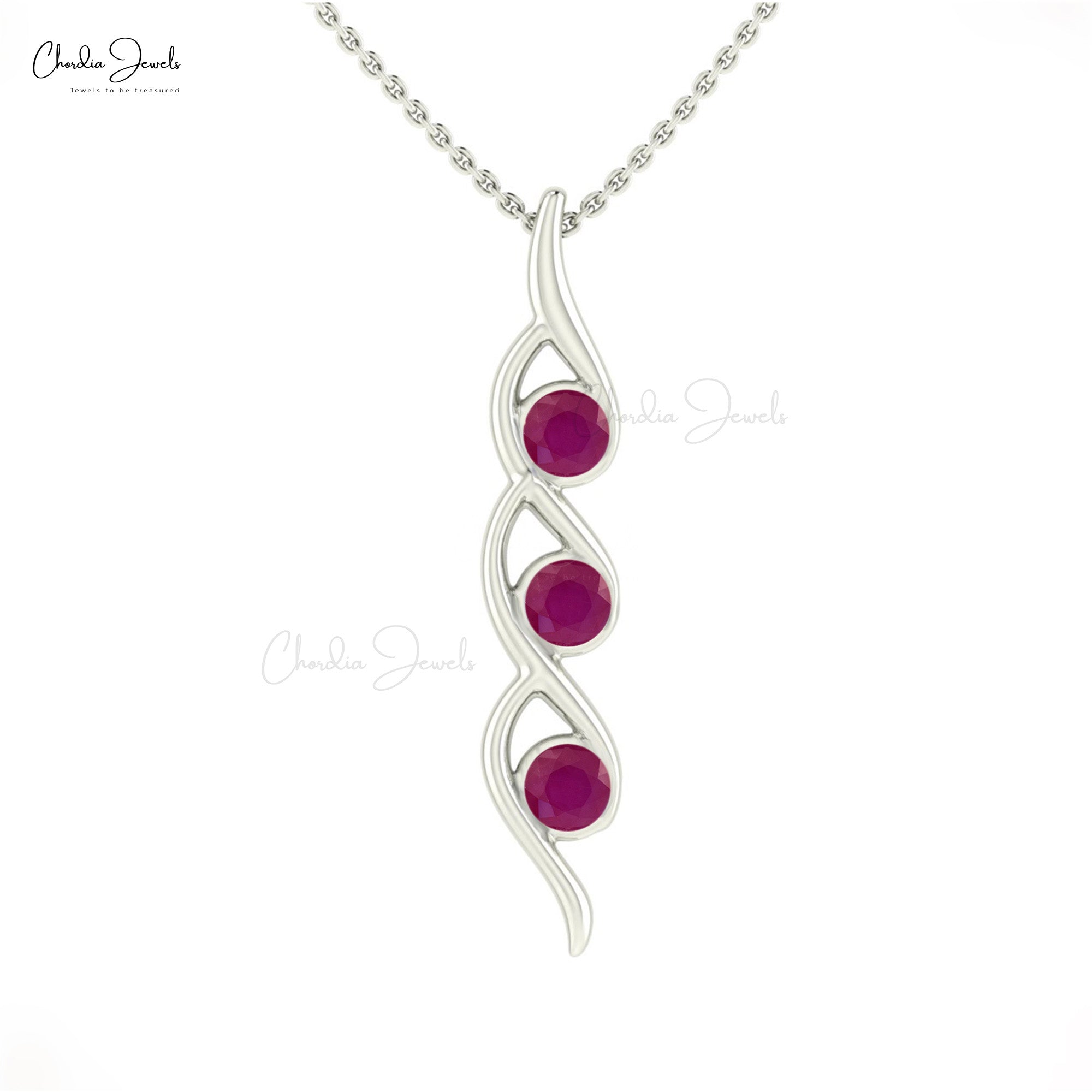 Dainty Twisted 3 Stone Pendant With 4mm Ruby July Birthstone Minimal Necklace In 14k Gold
