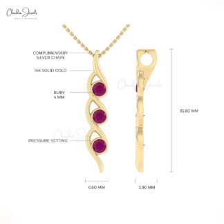 Dainty Twisted 3 Stone Pendant With 4mm Ruby July Birthstone Minimal Necklace In 14k Gold