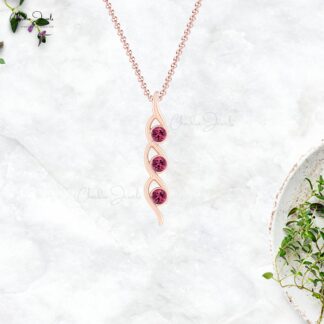 Delicate Three Stone Pendant in Solid 14k Gold Pink Tourmaline October Birthstone Necklace