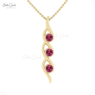 Delicate Three Stone Pendant in Solid 14k Gold Pink Tourmaline October Birthstone Necklace