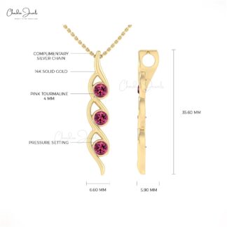Delicate Three Stone Pendant in Solid 14k Gold Pink Tourmaline October Birthstone Necklace