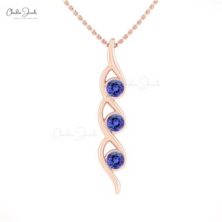 Natural Tanzanite 3 Stone Pendant With 4mm Gemstone Twisted Jewelry In 14k Real Gold