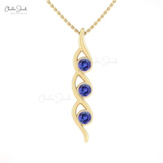 Natural Tanzanite 3 Stone Pendant With 4mm Gemstone Twisted Jewelry In 14k Real Gold