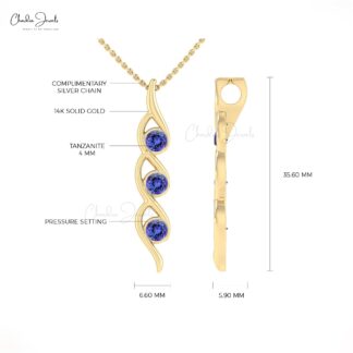 Natural Tanzanite 3 Stone Pendant With 4mm Gemstone Twisted Jewelry In 14k Real Gold