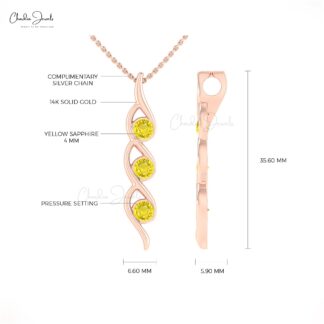 Brilliant Cut Twisted Pendant In 14k Real Gold Yellow Sapphire 3 Stone Handmade Necklace