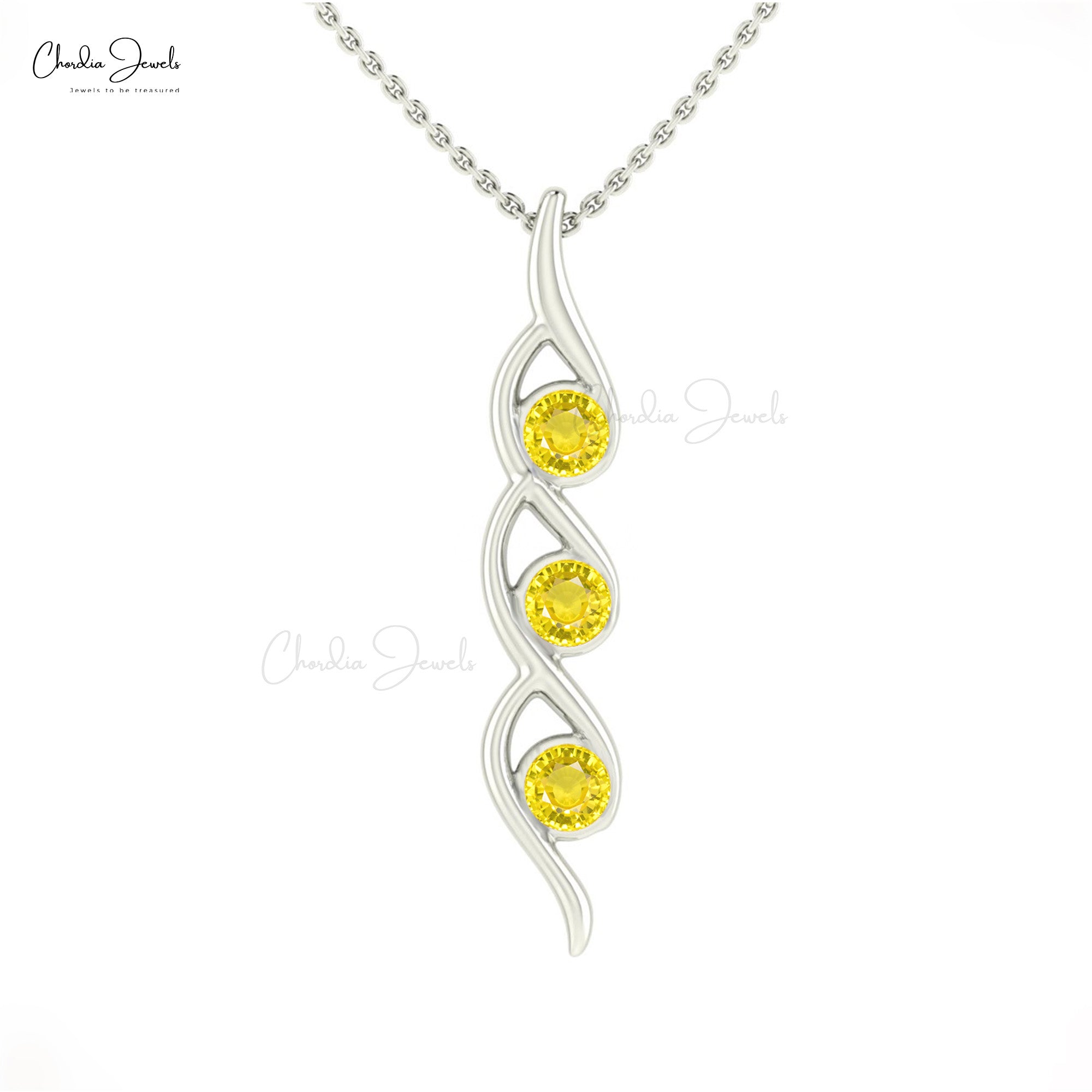 Brilliant Cut Twisted Pendant In 14k Real Gold Yellow Sapphire 3 Stone Handmade Necklace