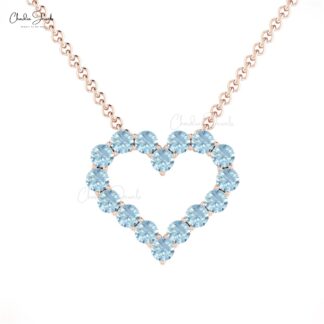 Open Heart Gemstone Necklace In 14k Pure Gold Aquamarine Hallmarked Necklace For Her