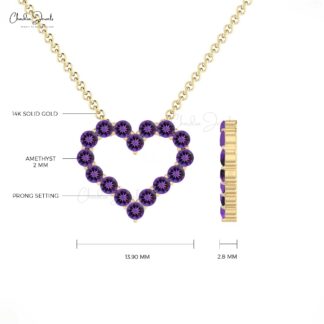 Solid 14k Gold Open Heart Necklace With 2mm Amethyst February Birthstone Women Necklace
