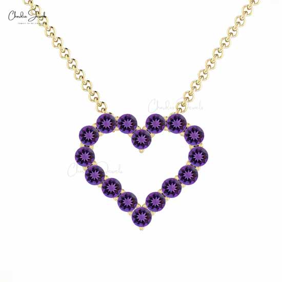 Solid 14k Gold Open Heart Necklace With 2mm Amethyst February Birthstone Women Necklace