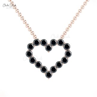 Round Cut Heart Necklace with 0.48 Ct Black Diamond Accents In 14k Real Gold Chain Jewelry