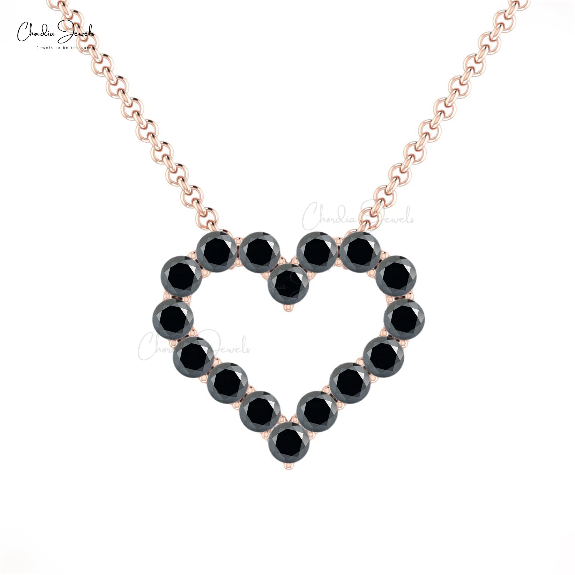 Round Cut Heart Necklace with 0.48 Ct Black Diamond Accents In 14k Real Gold Chain Jewelry