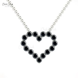 Round Cut Heart Necklace with 0.48 Ct Black Diamond Accents In 14k Real Gold Chain Jewelry