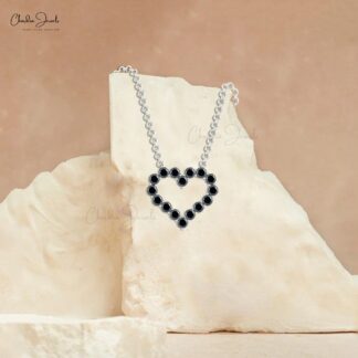 Round Cut Heart Necklace with 0.48 Ct Black Diamond Accents In 14k Real Gold Chain Jewelry