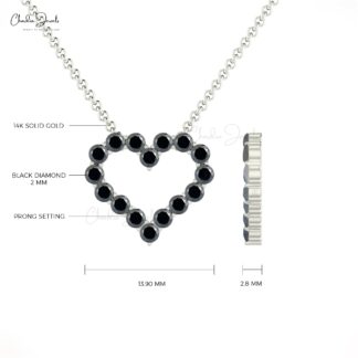 Round Cut Heart Necklace with 0.48 Ct Black Diamond Accents In 14k Real Gold Chain Jewelry