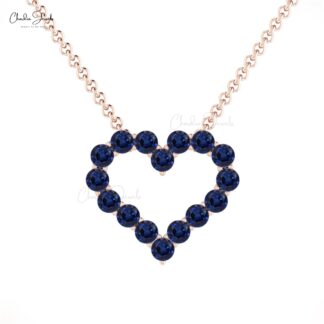 Gemstone Heart Chain Necklace In Pure 14k Gold Blue Sapphire 2mm Round Cut Fine Jewelry