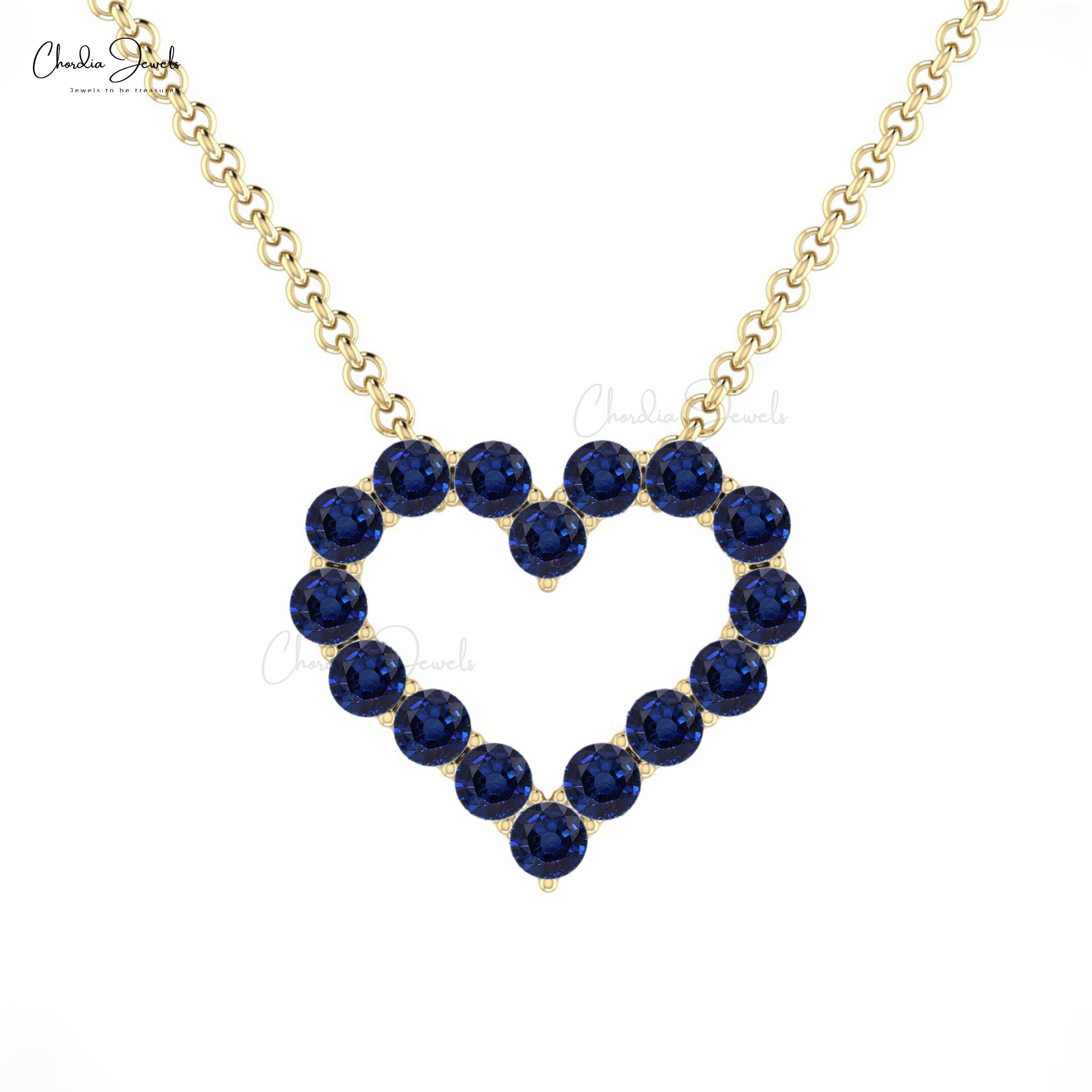 Gemstone Heart Chain Necklace In Pure 14k Gold Blue Sapphire 2mm Round Cut Fine Jewelry