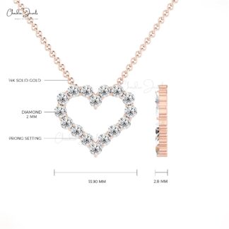 Open Heart Chain Necklace In 14k Solid Gold White Diamond 2mm Round Cut Love Necklaces