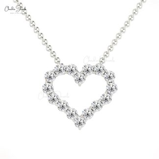 Open Heart Chain Necklace In 14k Solid Gold White Diamond 2mm Round Cut Love Necklaces