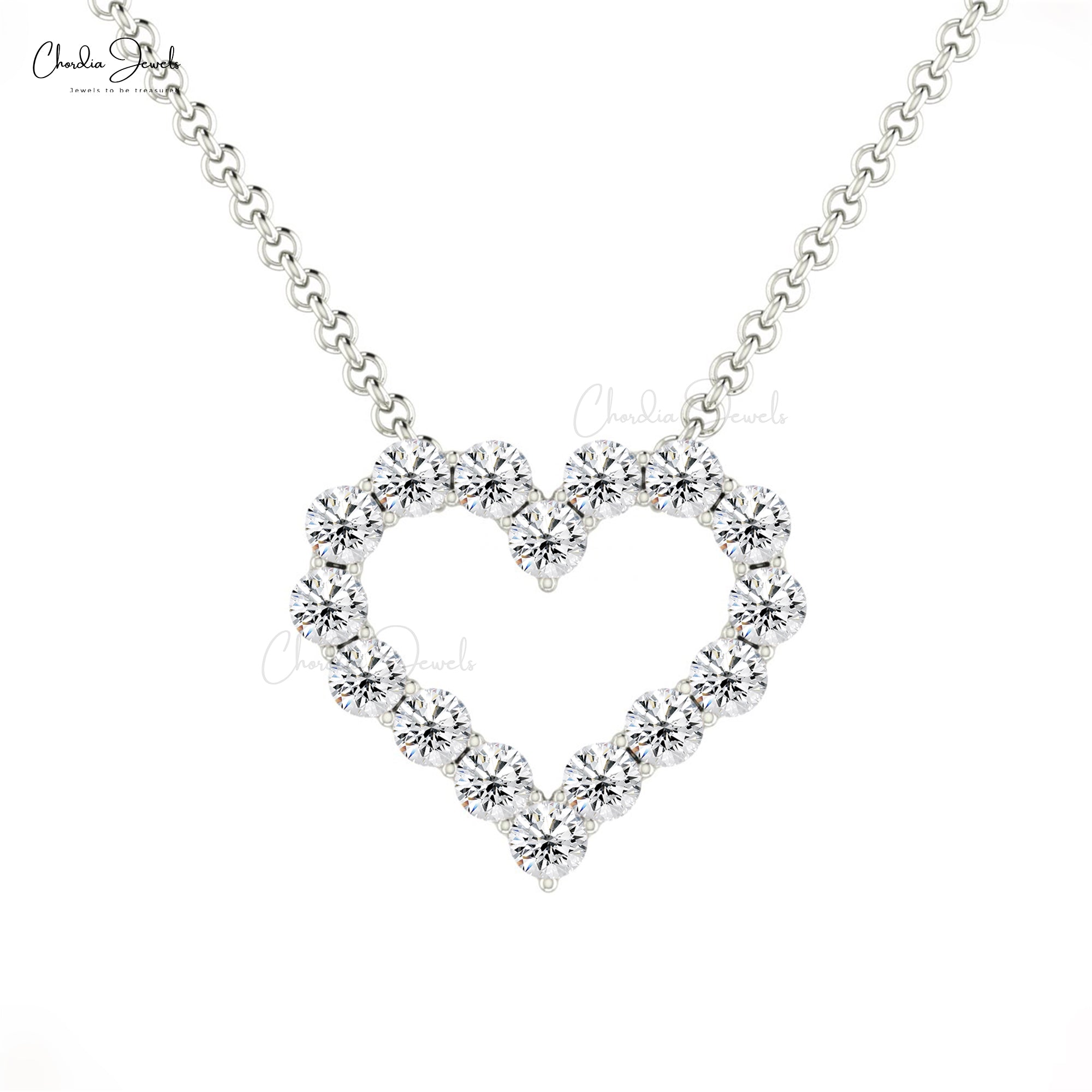 Open Heart Chain Necklace In 14k Solid Gold White Diamond 2mm Round Cut Love Necklaces