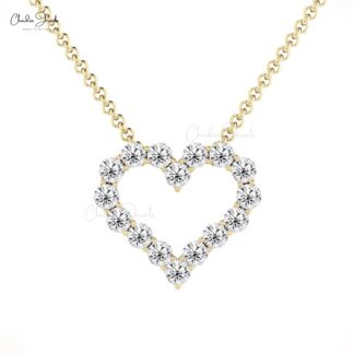 Open Heart Chain Necklace In 14k Solid Gold White Diamond 2mm Round Cut Love Necklaces