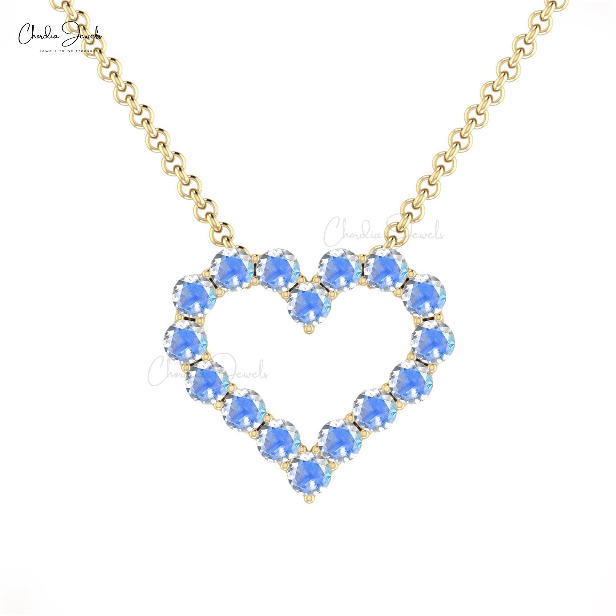 Pure 14k Gold Open Heart Chain Necklace With 2mm Rainbow Moonstone Promise Necklaces