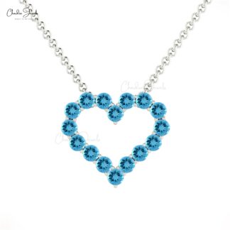 Eternity Open Heart Necklace With 2mm Swiss Blue Topaz Birthstone Necklace In 14k Solid Gold