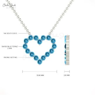 Eternity Open Heart Necklace With 2mm Swiss Blue Topaz Birthstone Necklace In 14k Solid Gold