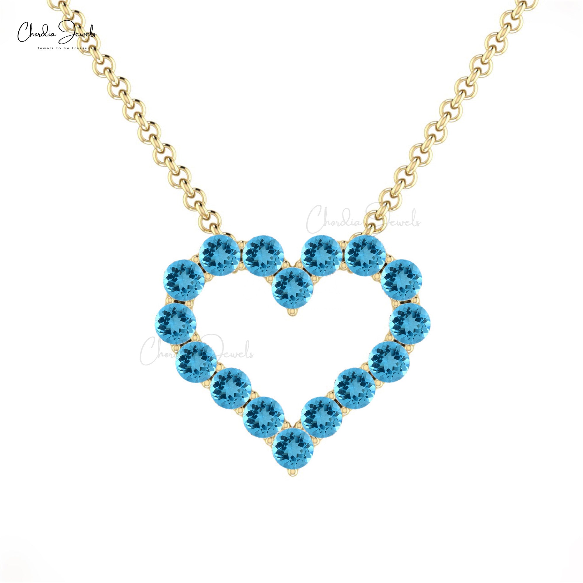 Eternity Open Heart Necklace With 2mm Swiss Blue Topaz Birthstone Necklace In 14k Solid Gold