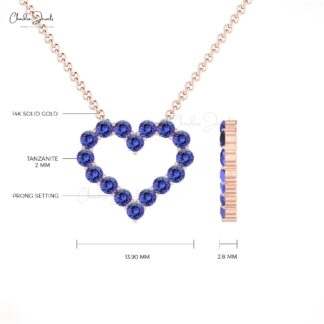 Open Heart Tanzanite Necklace In Solid 14k Gold Gemstone 2mm Round Eternity Love Necklace