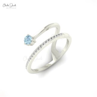 AAA Aquamarine Snake Style Ring With 3mm Gemstone And Diamond Dainty Rings In 14k Gold