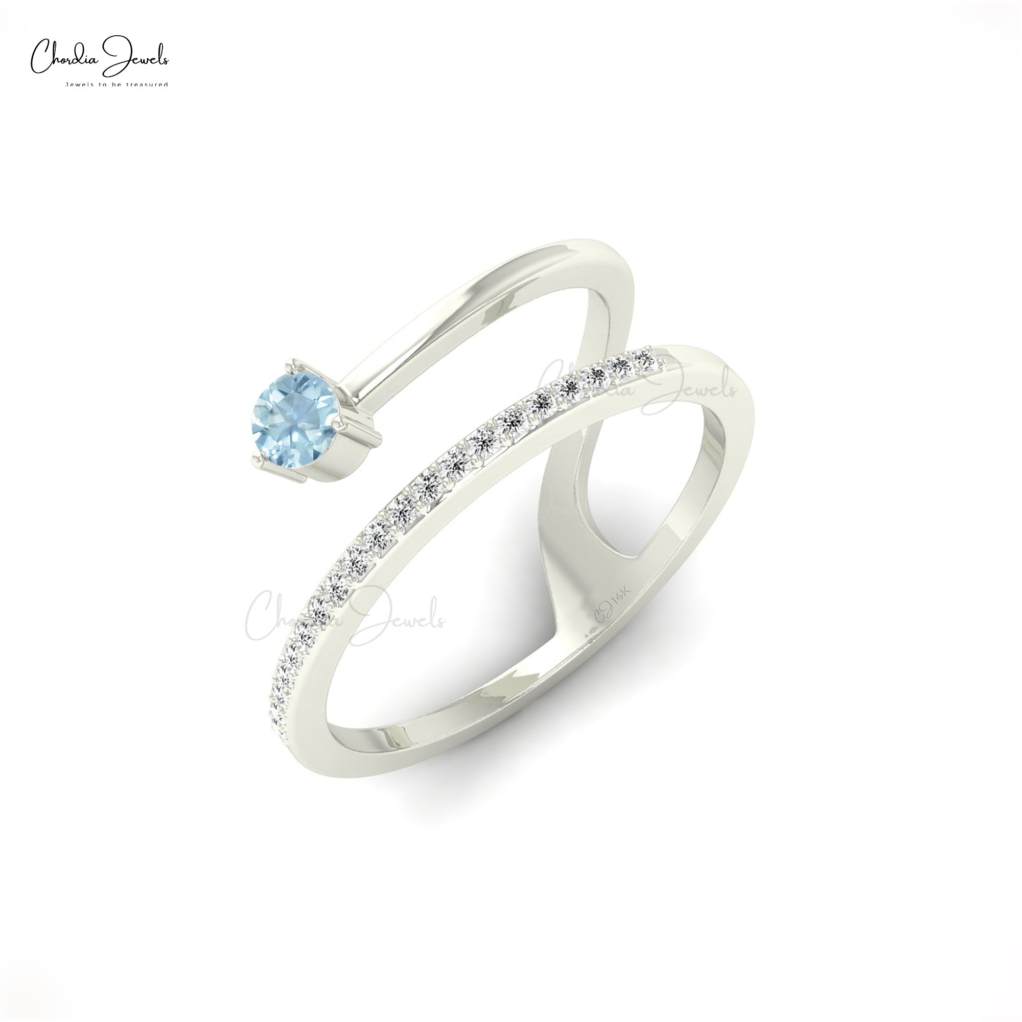 AAA Aquamarine Snake Style Ring With 3mm Gemstone And Diamond Dainty Rings In 14k Gold