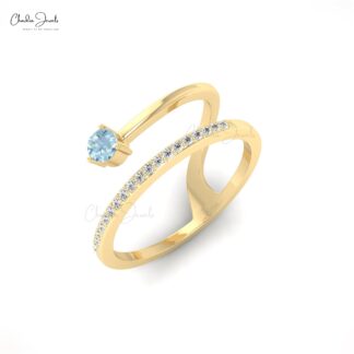 AAA Aquamarine Snake Style Ring With 3mm Gemstone And Diamond Dainty Rings In 14k Gold