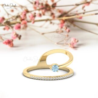 AAA Aquamarine Snake Style Ring With 3mm Gemstone And Diamond Dainty Rings In 14k Gold