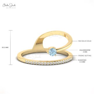 AAA Aquamarine Snake Style Ring With 3mm Gemstone And Diamond Dainty Rings In 14k Gold