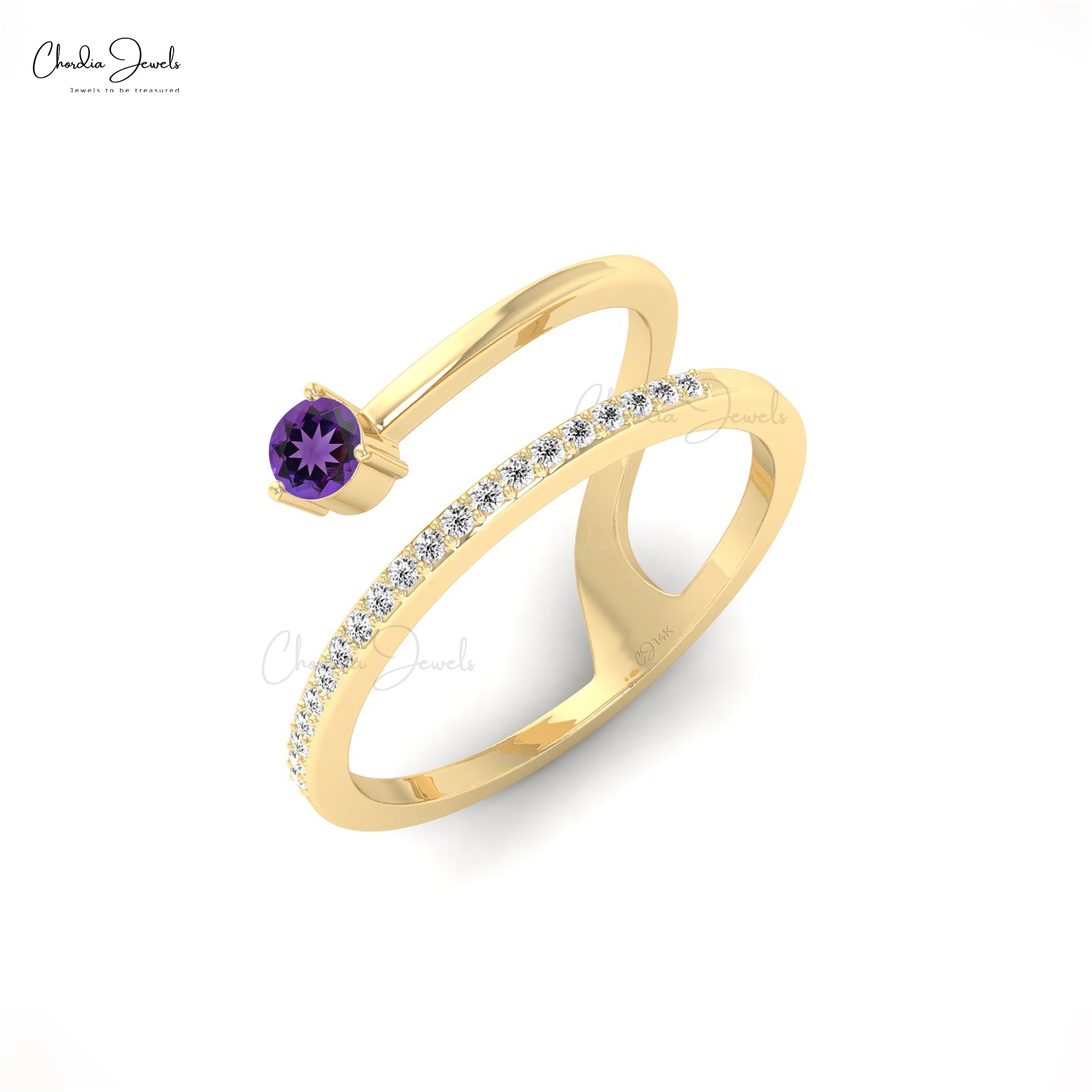 Stunning 0.10ct Amethyst Gemstone Dainty Ring 14k Solid Gold Diamond Accented Snake Ring