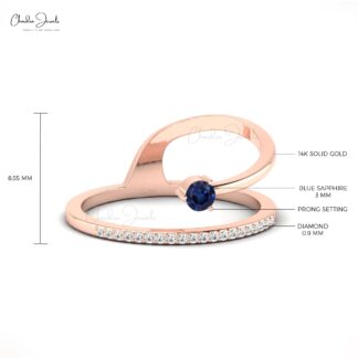 Dainty Round Ring In 14k Solid Gold Blue Sapphire And Diamond Shooting Star Ring