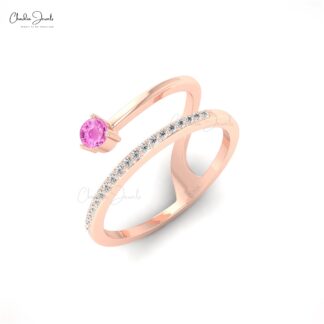 Round Cut Snake Style Ring In 14k Real Gold Pink Sapphire And Pave Diamond Rings For Her