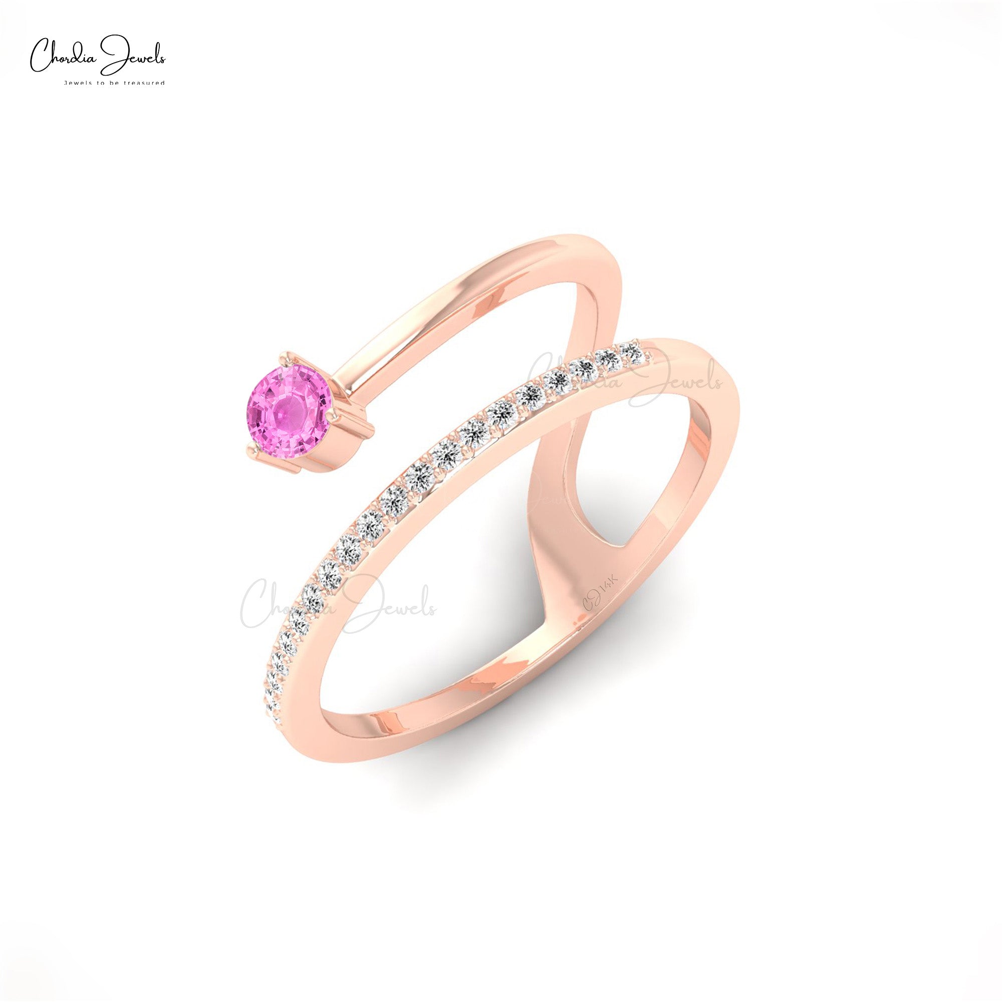 Round Cut Snake Style Ring In 14k Real Gold Pink Sapphire And Pave Diamond Rings For Her