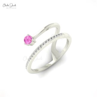 Round Cut Snake Style Ring In 14k Real Gold Pink Sapphire And Pave Diamond Rings For Her