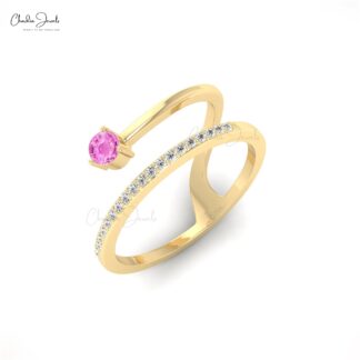 Round Cut Snake Style Ring In 14k Real Gold Pink Sapphire And Pave Diamond Rings For Her