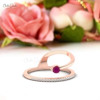 Gemstone Bridal Ring With 3mm Burma Ruby G-H Diamond 14k Solid Gold Dainty Ring