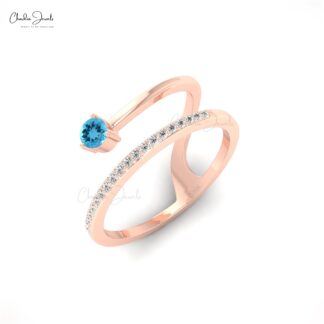 Gemstone Dainty Ring In Pure 14k Gold Swiss Blue Topaz Diamond Hallmarked Wedding Rings