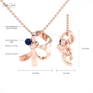 Curved Knot Women Pendant In 14k Solid Gold Blue Sapphire 0.11 Ct Gemstone Pendants
