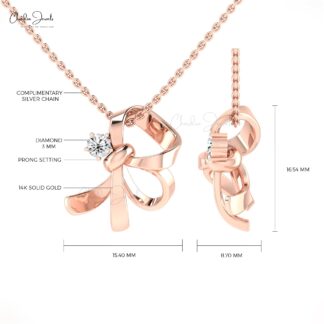 Dainty Knot Curved Pendant In 14k Solid Gold White Diamond 5mm Round Cut Necklace For Her